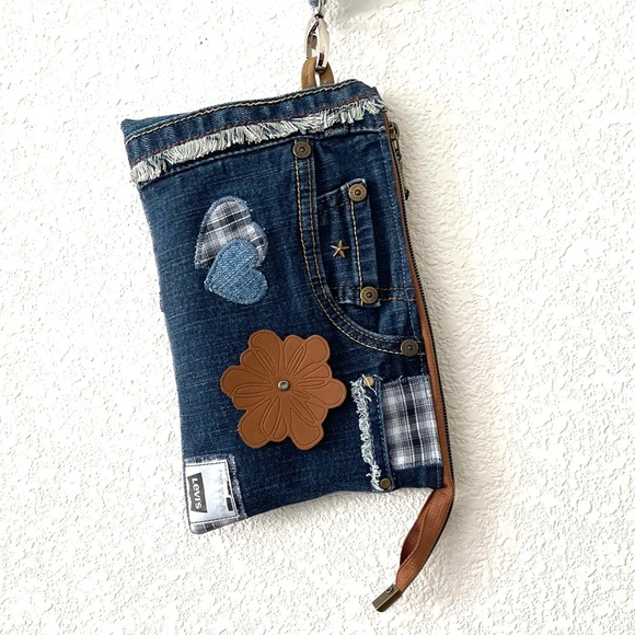 Bohemian Unique One-of-a-Kind Denim Patchwork Clutch with removable Wrist Handle - Picture 13 of 16